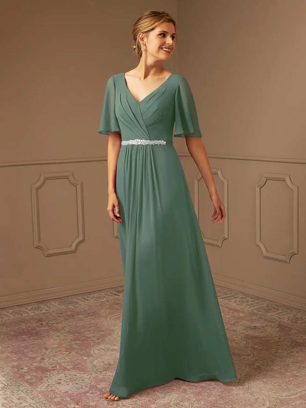 Azazie Sage Green V-Neck Maxi Dress with Beaded Waist